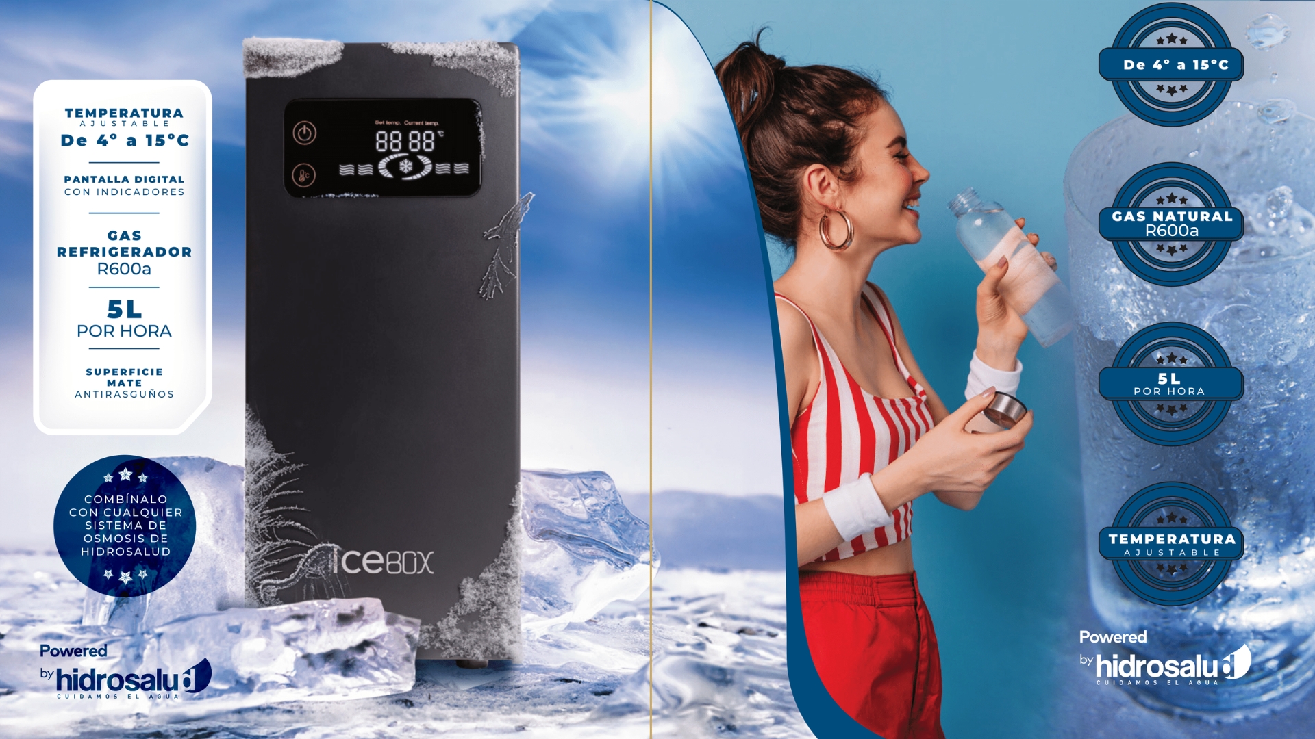 Disfruta de agua fría todo el día con ICEBOX de Grupo Deluxe. Este enfriador de agua se conecta a la toma de agua para una refrigeración continua y eficiente